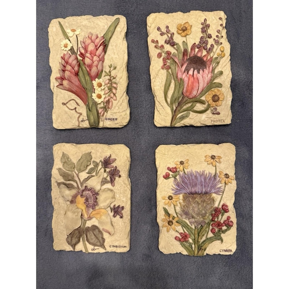 Set 4 Vintage Cherri Blum Wall Plaques Art 3D Floral Tiles Cynara Protea Ginger - Picture 2 of 13